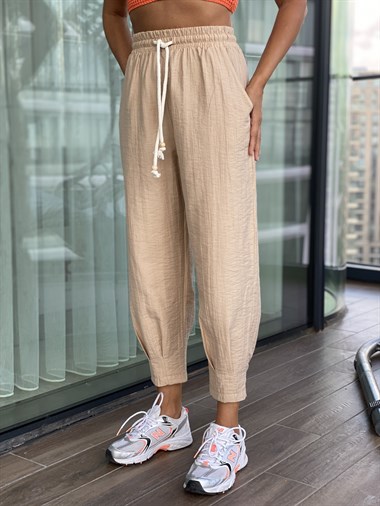 Camel Paça Pilili Keten Dokulu Kadın Pantolon