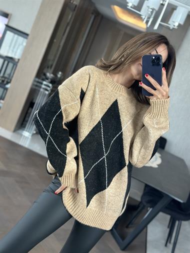 Camel Siyah Baklava Desen Bisiklet Yaka Kadın Triko Kazak