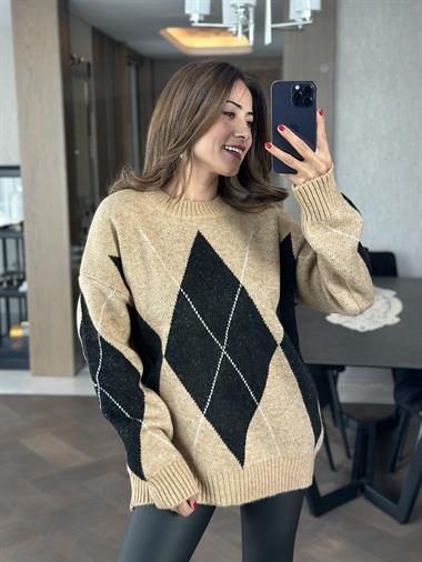 Camel Siyah Baklava Desen Bisiklet Yaka Kadın Triko Kazak