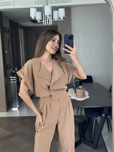 Camel Havuç Model Önü Düğmeli Kadın Tulum