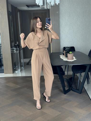 Camel Havuç Model Önü Düğmeli Kadın Tulum