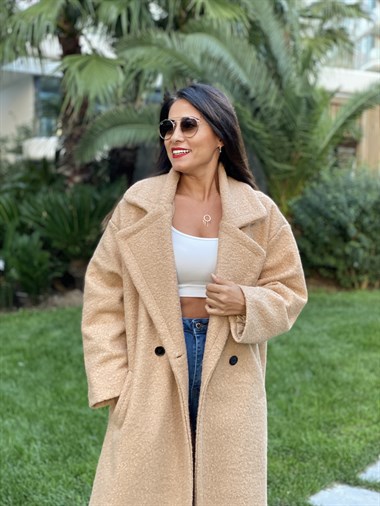 Camel Uzun Buklet Kadın Kaban