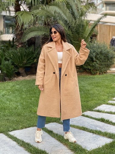 Camel Uzun Buklet Kadın Kaban