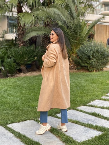 Camel Uzun Buklet Kadın Kaban