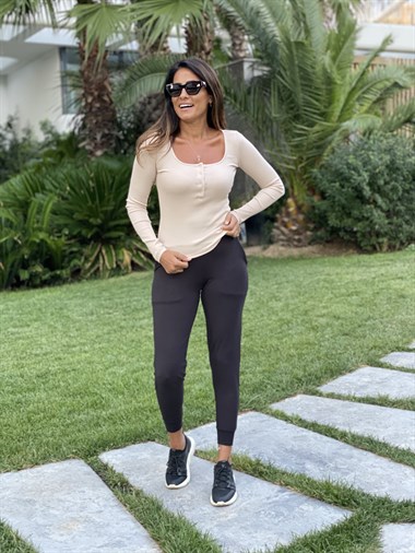 Camel Uzun Kol Patlı U Yaka Kadın Body