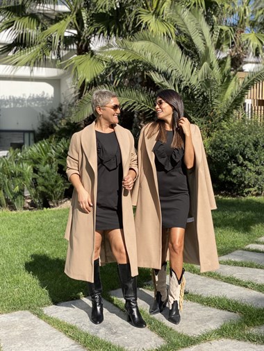 Camel Uzun Kuşaklı Kaşe Kadın Kaban