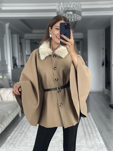 Camel Yakası Kürklü Kemerli Kadın Kaşe Panço