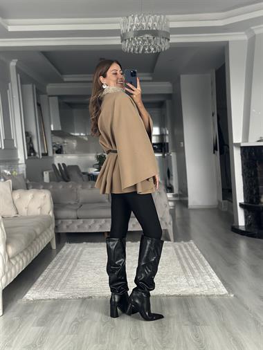 Camel Yakası Kürklü Kemerli Kadın Kaşe Panço