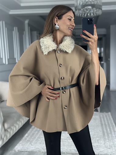 Camel Yakası Kürklü Kemerli Kadın Kaşe Panço
