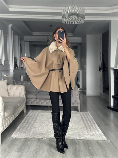 Camel Yakası Kürklü Kemerli Kadın Kaşe Panço