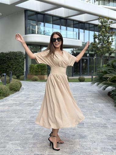 Camel Yarasa Kol Kruvaze Yaka  Aerobin Kadın Elbise 
