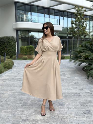 Camel Yarasa Kol Kruvaze Yaka  Aerobin Kadın Elbise 