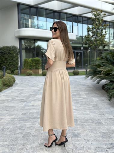 Camel Yarasa Kol Kruvaze Yaka  Aerobin Kadın Elbise 