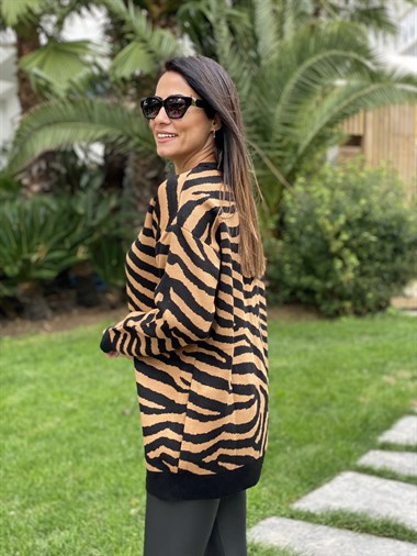 Kahverengi Zebra Desen Bisiklet Yaka Kadın Triko Kazak