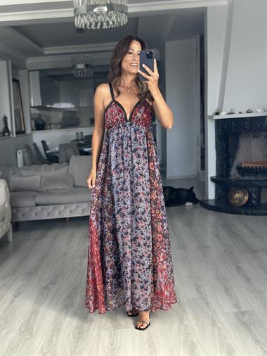 Çok Renkli Askılı Crush Çiçek Desenli Maksi Boy Kadın Elbise