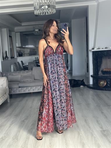 Çok Renkli Askılı Crush Çiçek Desenli Maksi Boy Kadın Elbise