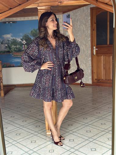 Çok Renkli Brit Düğmeli Kadın Şifon Mini Elbise