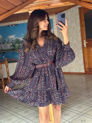 Çok Renkli Brit Düğmeli Kadın Şifon Mini Elbise