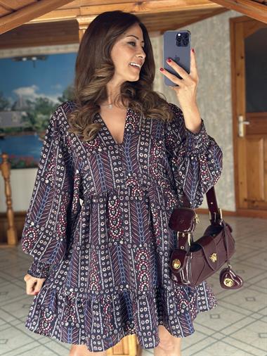 Çok Renkli Brit Düğmeli Kadın Şifon Mini Elbise