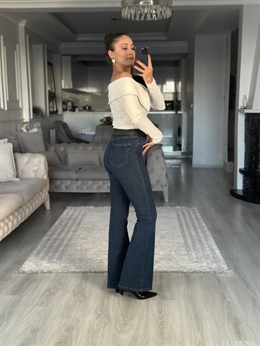 Dark Blue Lacarino Likralı İspanyol Paça Kadın Jean Pantolon