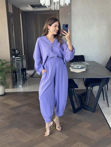 Eflatun Truvakar Kol Gömlek Balon Pantolon Kadın Tnsel Alt Üst Takım