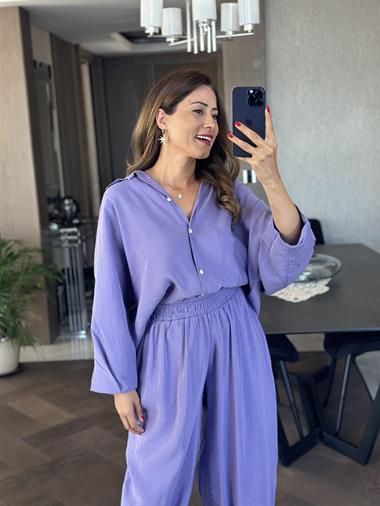 Eflatun Truvakar Kol Gömlek Balon Pantolon Kadın Tnsel Alt Üst Takım