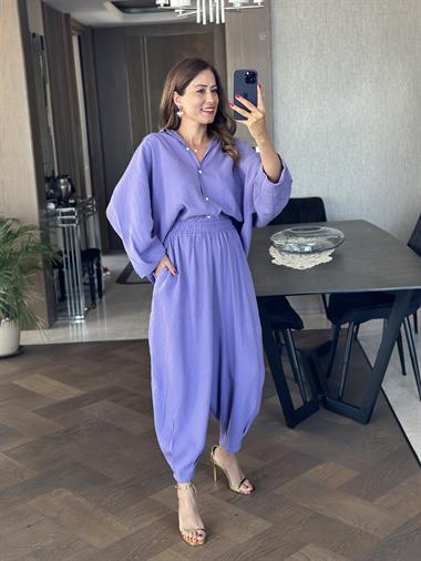 Eflatun Truvakar Kol Gömlek Balon Pantolon Kadın Tnsel Alt Üst Takım