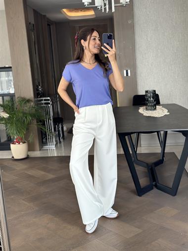 Eflatun V Yaka Kısa Yarasa Kol Basic Kadın T-Shirt