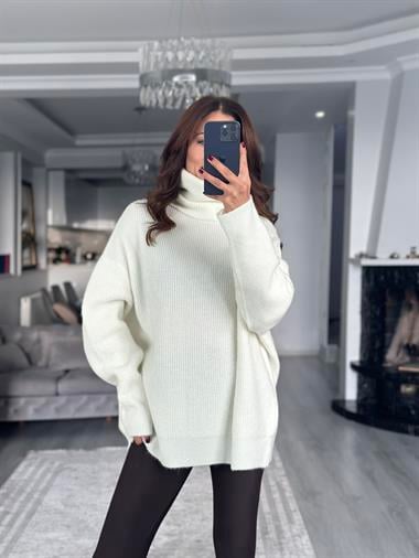 Ekru Balıkçı Yaka Geniş Kadın Triko Kazak