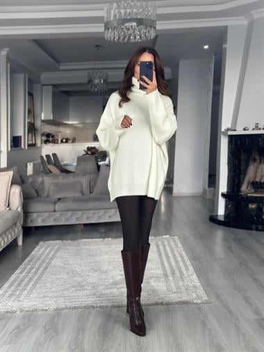 Ekru Balıkçı Yaka Geniş Kadın Triko Kazak