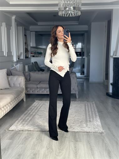 Ekru Beli Ve Kolu Çıtçıt Detay Uzun Kol Kadın Bluz