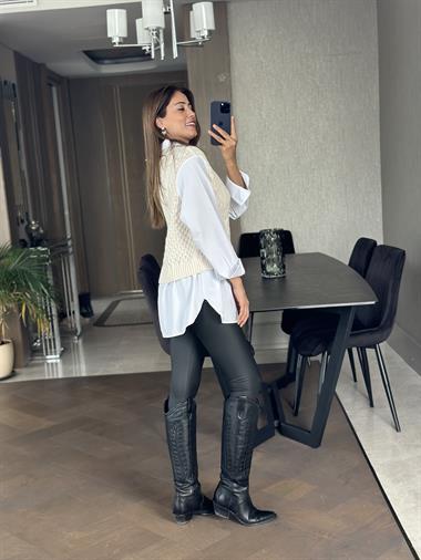 Ekru Beyaz Gömlekli Triko Kadın Süveter