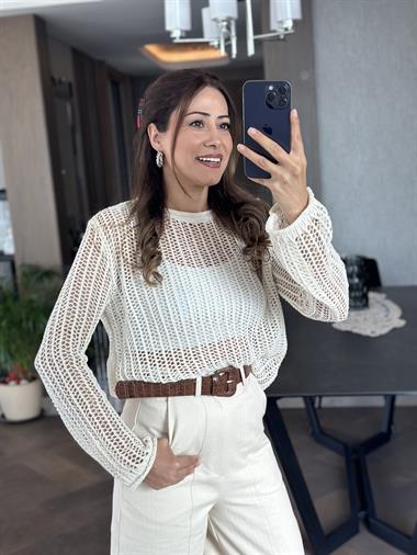 Ekru Bisiklet Yaka File Örgü Triko Kadın Crop Bluz