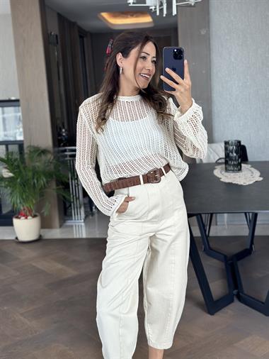 Ekru Bisiklet Yaka File Örgü Triko Kadın Crop Bluz