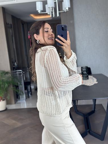 Ekru Bisiklet Yaka File Örgü Triko Kadın Crop Bluz
