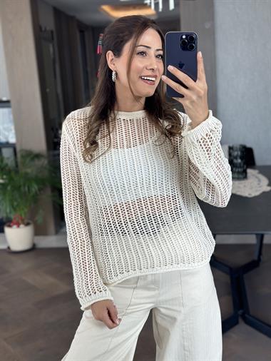 Ekru Bisiklet Yaka File Örgü Triko Kadın Crop Bluz