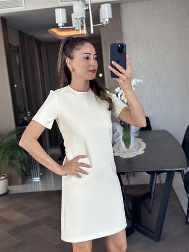 Ekru Bisiklet Yaka Kısa Kol Sırtı Fermuarlı Atlas  Kadın Mini Elbise