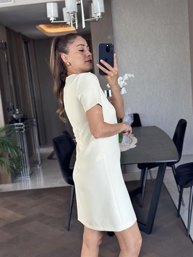 Ekru Bisiklet Yaka Kısa Kol Sırtı Fermuarlı Atlas  Kadın Mini Elbise