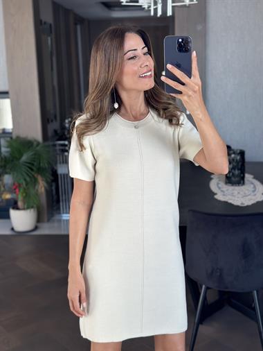 Ekru Bisiklet Yaka Kısa Kol Triko  Kadın Mini Elbise