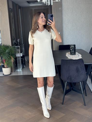 Ekru Bisiklet Yaka Kısa Kol Triko  Kadın Mini Elbise