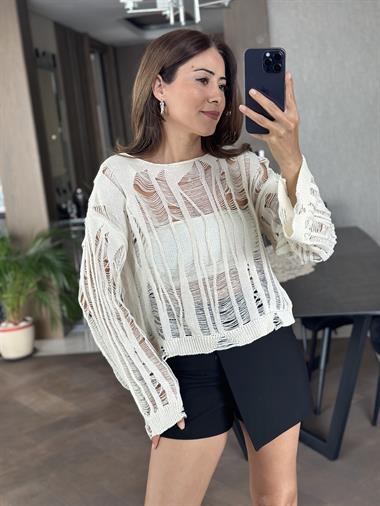 Ekru Bisiklet Yaka Transparan Triko Kadın Crop Kazak