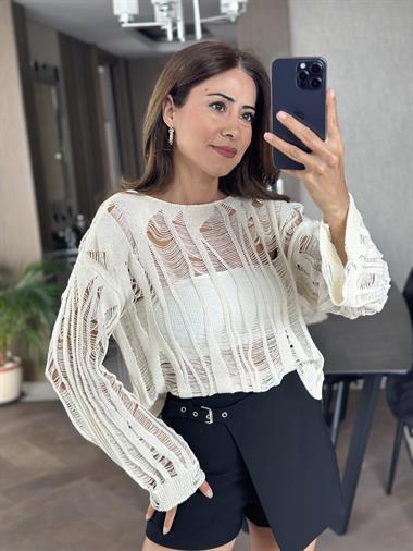 Ekru Bisiklet Yaka Transparan Triko Kadın Crop Kazak