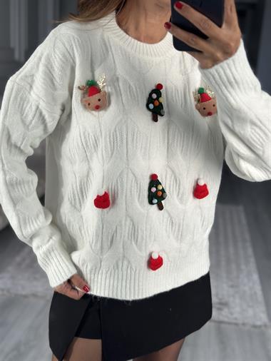 Ekru Bisiklet Yaka Yılbaşı Tasarım Kadın Triko Kazak