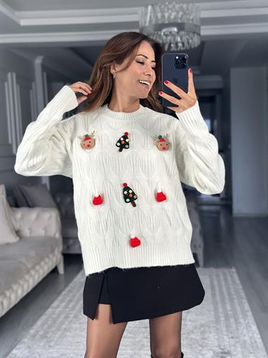 Ekru Bisiklet Yaka Yılbaşı Tasarım Kadın Triko Kazak