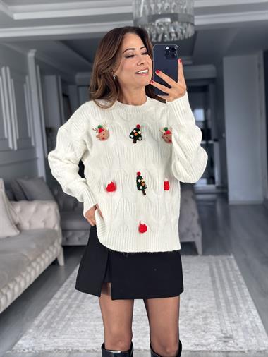 Ekru Bisiklet Yaka Yılbaşı Tasarım Kadın Triko Kazak