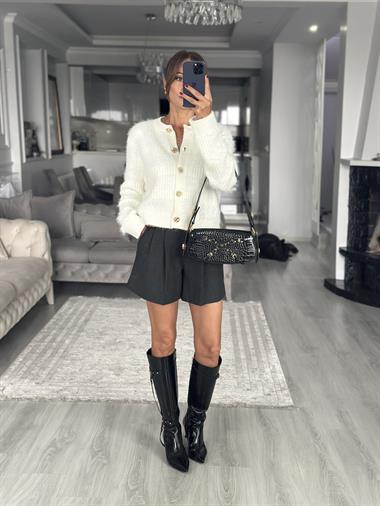 Ekru Bisiklet Yaka Yumuşak Dokulu Sakallı Kadın Triko Hırka