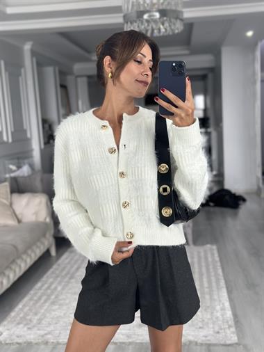 Ekru Bisiklet Yaka Yumuşak Dokulu Sakallı Kadın Triko Hırka