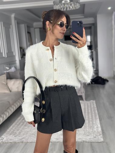 Ekru Bisiklet Yaka Yumuşak Dokulu Sakallı Kadın Triko Hırka