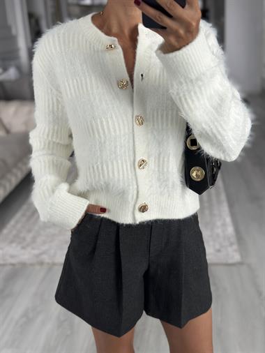 Ekru Bisiklet Yaka Yumuşak Dokulu Sakallı Kadın Triko Hırka