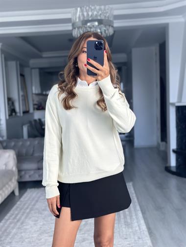 Ekru Bisiklet Yaka Yünlü Basic Kadın Triko Kazak